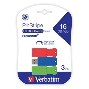 Verbatim PinStripe 16GB USB 3.2 Type A Flash Drive Assorted Colors 3/Pack (70386) - 1 of 4
