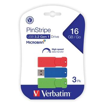 Verbatim PinStripe 16GB USB 3.2 Type A Flash Drive Assorted Colors 3/Pack (70386)