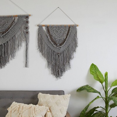 Cotton Macrame Handmade Intricately Weaved Wall Decor with Beaded Fringe Tassels - Olivia & May