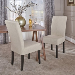 Elegant Beige Fabric Upholstered Dining Room Chairs - Matching Pair Set - 1 of 3