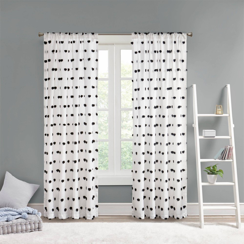 Photos - Curtain Rod / Track 63"x50" Ashley Pom-Pom Embellished Sheer Window Panel Black: Intelligent Design Modern Curtain, Polka Dot Pattern