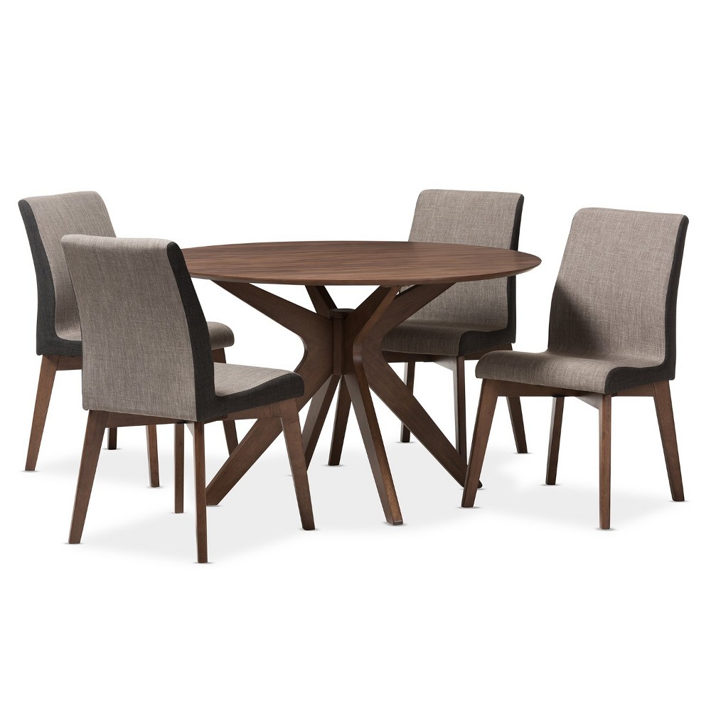 Photos - Dining Table 5pc Kimberly Mid Century Modern Walnut Finished Wood Round Dining Set Brow