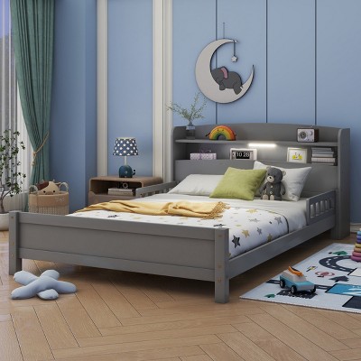 1 Full Bed Frame, Solid Pine Wood Storage Headboard with LED Light and Guardrails - Baofuwish