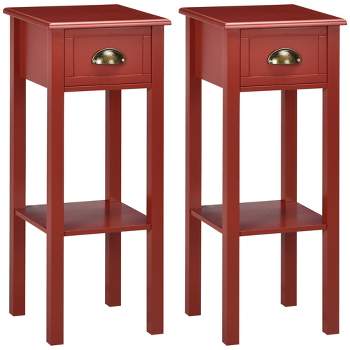 HOMCOM 2-Tier Side Table with Drawer, Narrow End Table with Bottom Shelf, for Living Room or Bedroom, Set of 2, Red