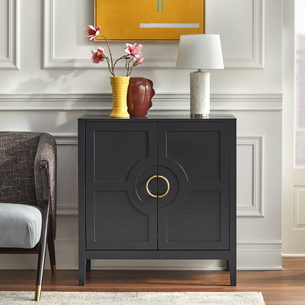 Lifestorey 2 Door Leelah Modern Accent Cabinet Black: Brass Tone Circular Handles, Adjustable Shelf, Solid Wood Legs