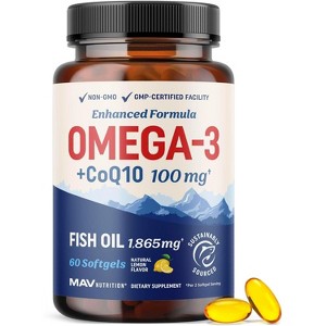 Omega 3 Fish Oil + CoQ10 Softgels, Omega-3 with CoQ10 Supplement for Heart Health, Cellular Energy, & Antioxidant Support, Lemon, MAV Nutrition, 60ct - 1 of 4