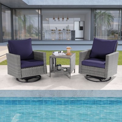 Sonkuki 3-Piece Patio Chair Set Brown Rattan Swivel Rocking Chair Set Coffee Table Suiting Backyard
