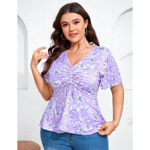 Coolmee Women's Plus Size Shirts V Neck Front Drawstring Casual Tunic Tops Short Sleeve Tightened Waist Floral Print Swing Blouse 3XL Purple - 1 of 4