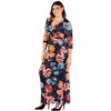 24seven Comfort Apparel Plus Size Black Floral Three Quarter Sleeve Side Slit Maxi Dress - 2 of 3