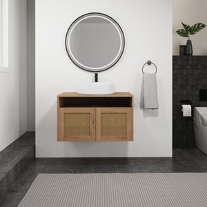 GDFStudio Emily Wall Mounted Rattan Door Bathroom Vanity with Ceramic Sink - 1 of 4