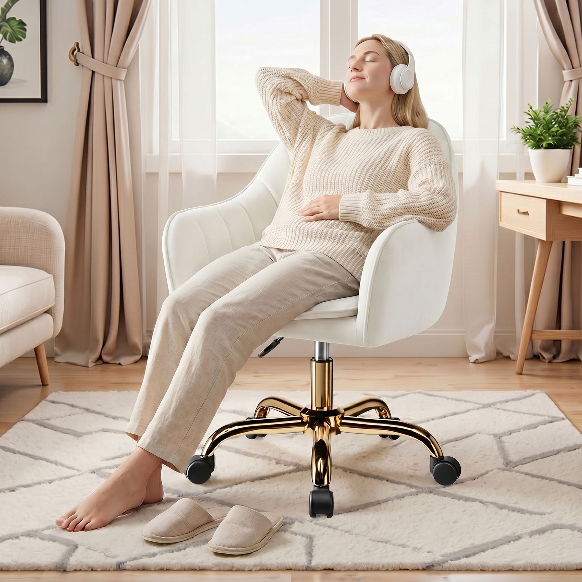 KERDOM Velvet Desk Chair for Home Office, Soft Height Adjustable 360° Swivel Computer Chair, BeigeHD Chair,Beige