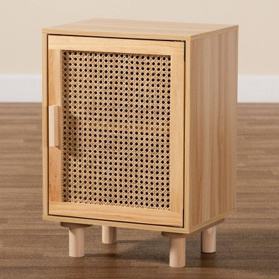 Mid-Century Modern Natural Brown Pine & MDF End Table with Rattan Door