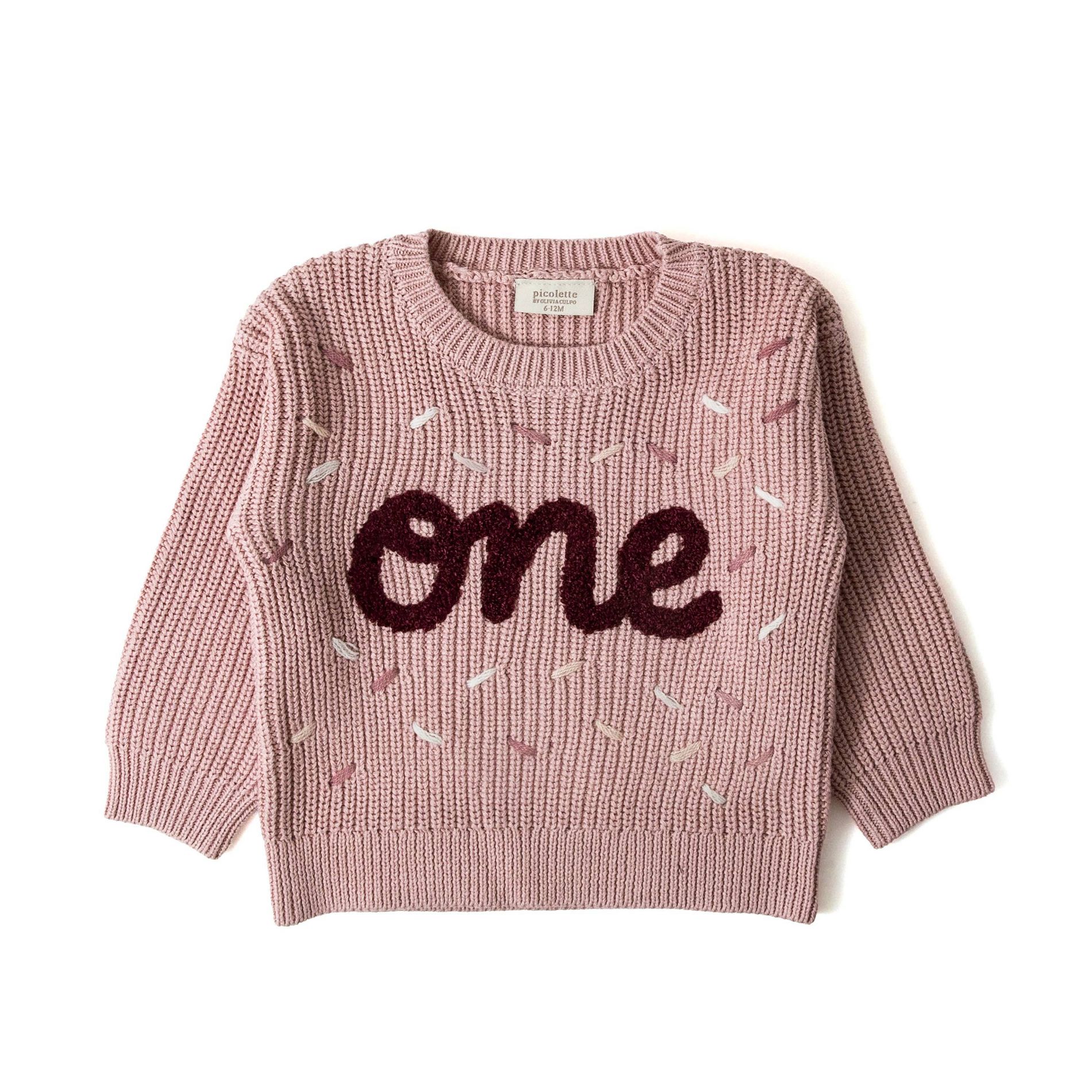 Picolette by Olivia Culpo Baby Girls' first Birthday Long Sleeve Crewneck Pullover Sweater - Pink
