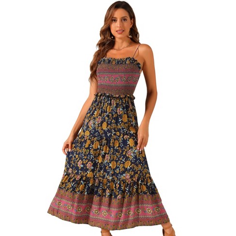 Inspire Chic Women s Summer Spaghetti Strap A line Flowy Smocked Midi Boho Floral Sundresses Navy Blue X large Target