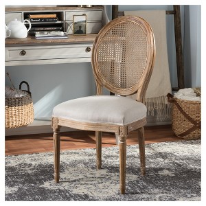 Adelia French Vintage Cottage Weathered Oak Wood Finish and Fabric Upholstered Dining Side Chair with Round Cane Back - Beige - Baxton Studio - 1 of 4