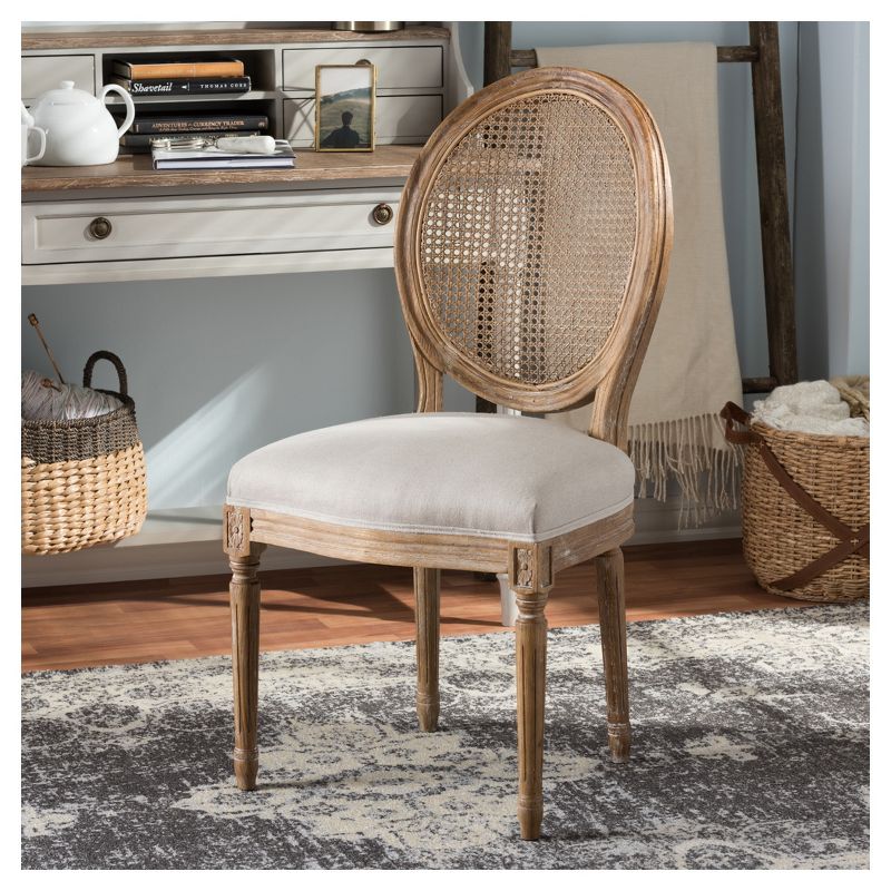 Adelia French Vintage Cottage Weathered Oak Wood Finish and Fabric Upholstered Dining Side Chair with Round Cane Back - Beige - Baxton Studio, 6 of 7