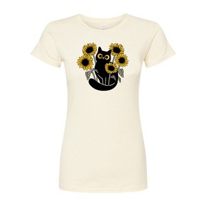 Women's - Instant Message - Black Cat in Sunflowers Fitted Graphic T-Shirt - 1 of 4