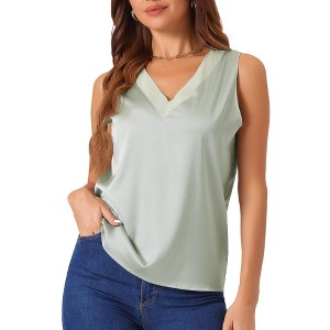 cheibear Women's V Neck Silky Satin Mesh Sleeveless Summer Basic Tank - 1 of 4