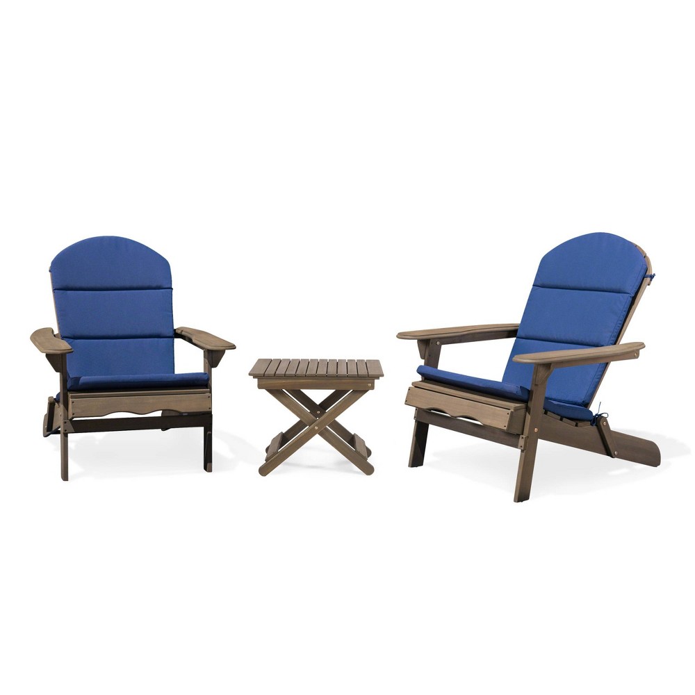 Malibu 3pc Outdoor 2 Seater Acacia Wood Chat Set with Cushions Navy Gray Christopher Knight Home
