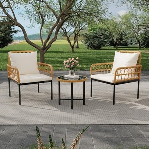 3-Piece Boho Outdoor Patio Furniture Set with Table, All-Weather Wicker Rattan Sectional Sofa with Cushions, Metal Frame - 1 of 4