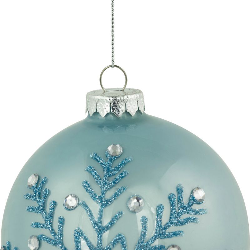 Northlight Set of 2 Light Blue Glittered and Jeweled Snowflake Glass Christmas Ball Ornaments 4", 5 of 6