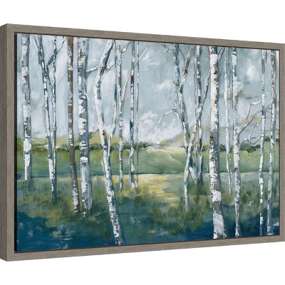 Woodland Magic Birch Trees Landscape Canvas Print in Greywash Frame
