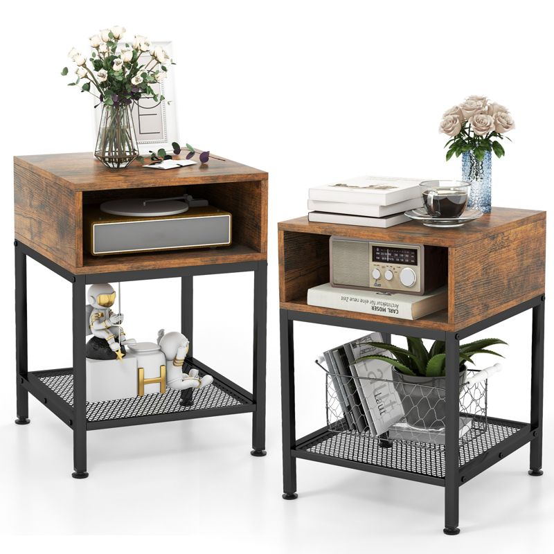 Costway 2 PCS 3-tier Wood Top End Table w/ Metal Frame Storage Cube & Mesh Shelf Square, 1 of 11
