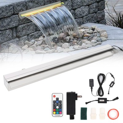 Pool Fountain Stainless Steel, Pool Waterfall with LED Strip Light, Waterfall Spillway Rectangular Garden Outdoor, LED Pool Fountains