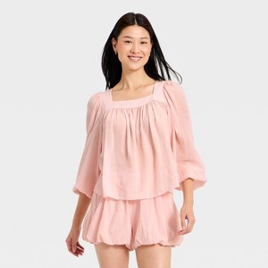 Women's Long Sleeve Square Neck Sheer Blouse - A New Day™ Pink L