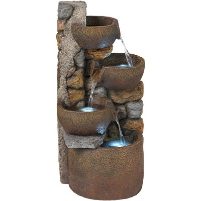Rustic Cascading Urn Outdoor Floor Fountain with LED Light