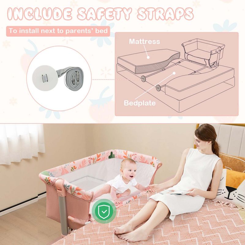 Babyjoy Folding Baby Bassinet Bedside Sleeper with 4 Adjustable Heights, Retractable Feet Pink, 2 of 9