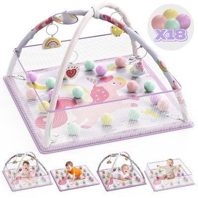 Skirfy 5-in-1 Baby Gym & Play Mat, Tummy Time Toys with Sensory Toys & 18 Balls for Newborns and Infants 0-12 Months