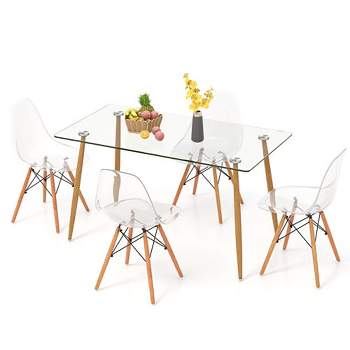 Tangkula Modern 5-Piece Dining Table Set w/ Rectangle Glass Table & 4 Transparent Chairs