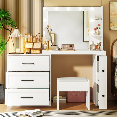 Whisen 55" Elegant Makeup Vanity Desk with Freely Adjustable Side Cabinet, Hollywood Lights, 5 Storage Drawers and 2-Shelves