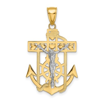 Black Bow Jewelry 14k Yellow or Two-Tone Gold Textured Mariner Crucifix Pendant, 22x35mm