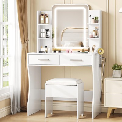 White Makeup Vanity Set with Glass Top & Power Strip, 3 Lighting Modes