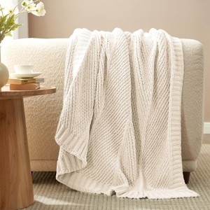 Attop Chevron Chenille Knit Throw Blanket for Couch, Cozy Texture Decorative Soft Blanket for Sofa & Chair, 50"x60", Ivory - 1 of 4