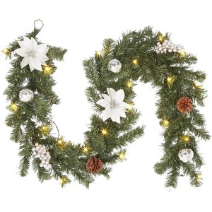 Pre-Lit Christmas Garland with 20 Warm White LEDs, Faux Greenery with Pine Cones & Berries for Mantle, Stairs, Fireplace and Banister - 1 of 4