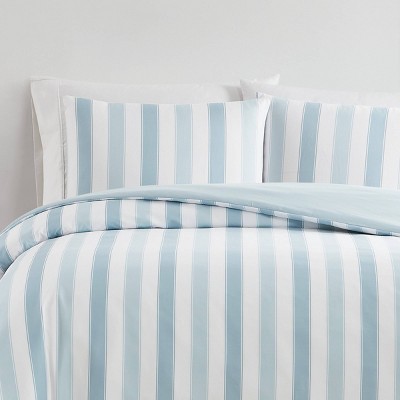 Full/Queen Blue and White Cotton Striped Duvet Cover Set