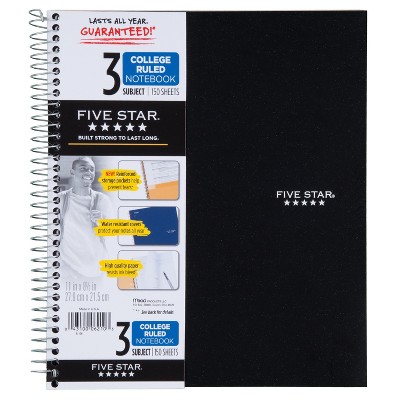 Five Star 3 Subject College Ruled Spiral Notebook (Colors May Vary)