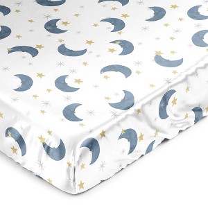 Sweet Jojo Designs Boy, Girl, Unisex/Gender Neutral Satin Fitted Crib Sheet Moon Bear Blue Gold and White - 1 of 4