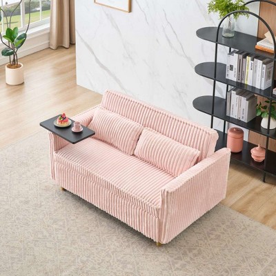 Dual functions corduroy sofa with pull-out and push-in, equipped with a movable tabletop and USB ports for use in living rooms bedrooms