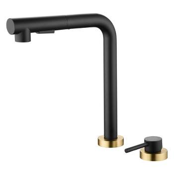 SUMERAIN Kitchen Sink Faucet 2 Hole with Pull Out Sprayer and Side Handle, Black and Gold