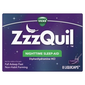 ZzzQuil, Nighttime Sleep Aid LiquiCaps, 25 mg Diphenhydramine HCl, No.1 Sleep-Aid Brand, Non-Habit Forming, Fall Asleep Fast, 8 Count - 1 of 4