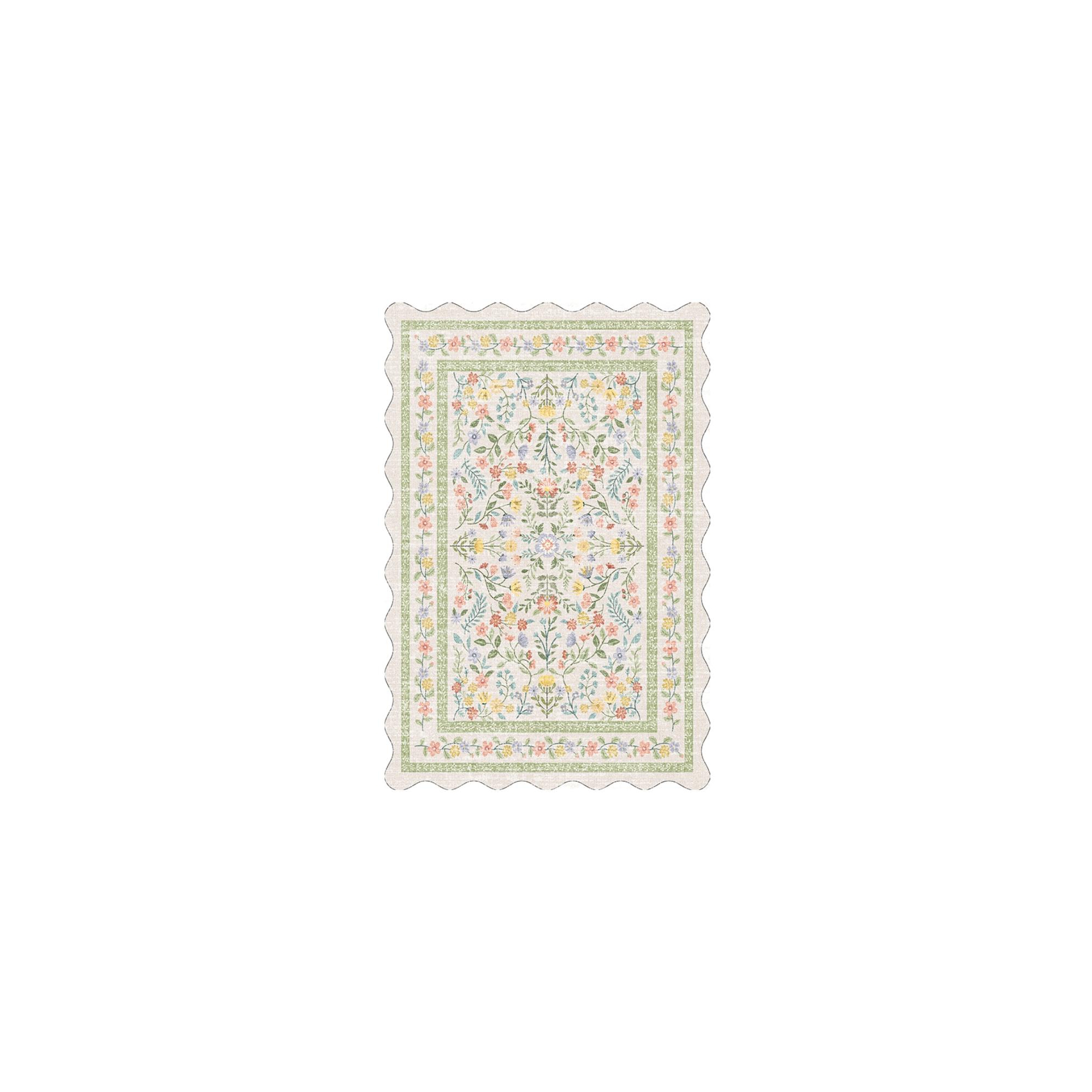 Coucheta scalloped Edge Floral Area Rug - Pastel Botanical Print, Vintage-Style Carpet for Indoor Spaces