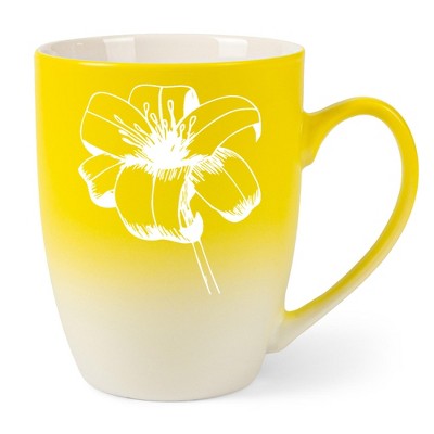 Elanze Designs Botanical Floral Nature Coffee Cup Mug 12 Ounce Ceramic With Ombre Gradient Elegant Minimalist Daylily Flower Silhouette Yellow and
