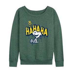 Women's - Peanuts - Ha Ha Graffiti Lightweight French Terry Wide Neck Long Sleeve Shirt - 1 of 4