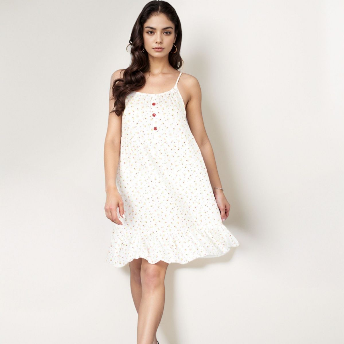 Anna-Kaci Women's Sleeveless Mini Floral Sleepdress with Button Front Detail and Ruffle Hem - thumbnail 4