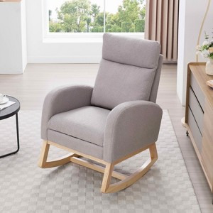 MAYEERTY Teddy Fabric Leisure Rocking Chair, Adjustable Footstool Thickened Headrest Storage Pocket Solid Wood Base, Nursery Living Room, White - 1 of 4