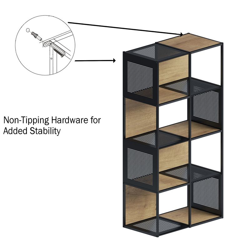 Lavish Home Freestanding 4-Tier Cube Storage Bookshelf – Industrial Wood and Metal Shelving, Oak/Black, 4 of 9